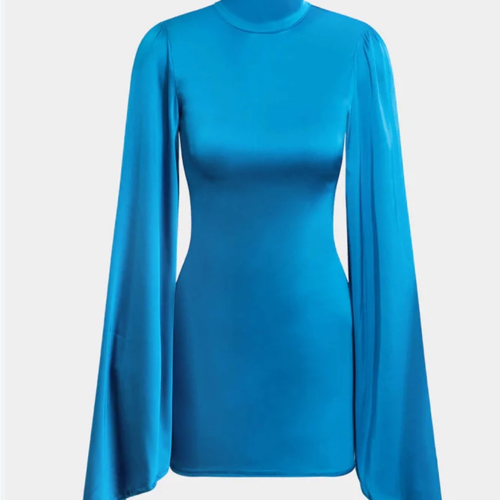 Blue Turtleneck Bell Sleeve Ruched Mini Dress